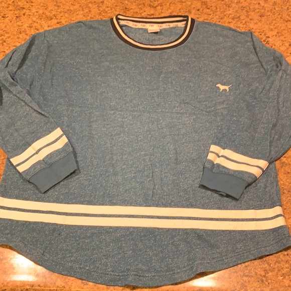 EUC VICTORIA SECRET PINK VARSITY PULLOVER SWEATSHIRT LARGE MARL BLUE - Picture 3 of 6